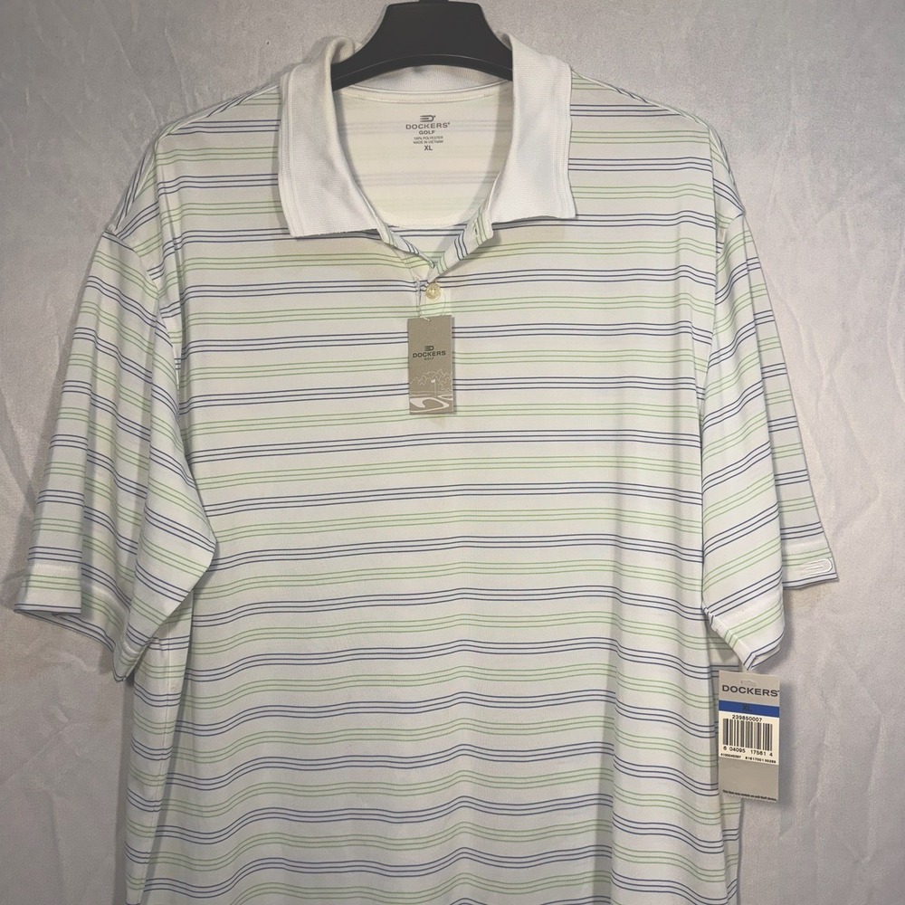 NEW Dockers XL Breathable Golf Polo Short Sleeve White Bright Striped Mens XL
